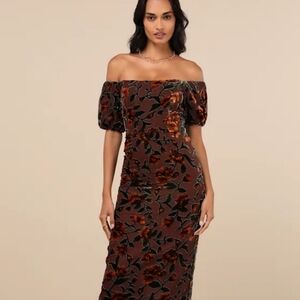 Lulus Off-Shoulder Brown Floral Velvet Midi Dress
